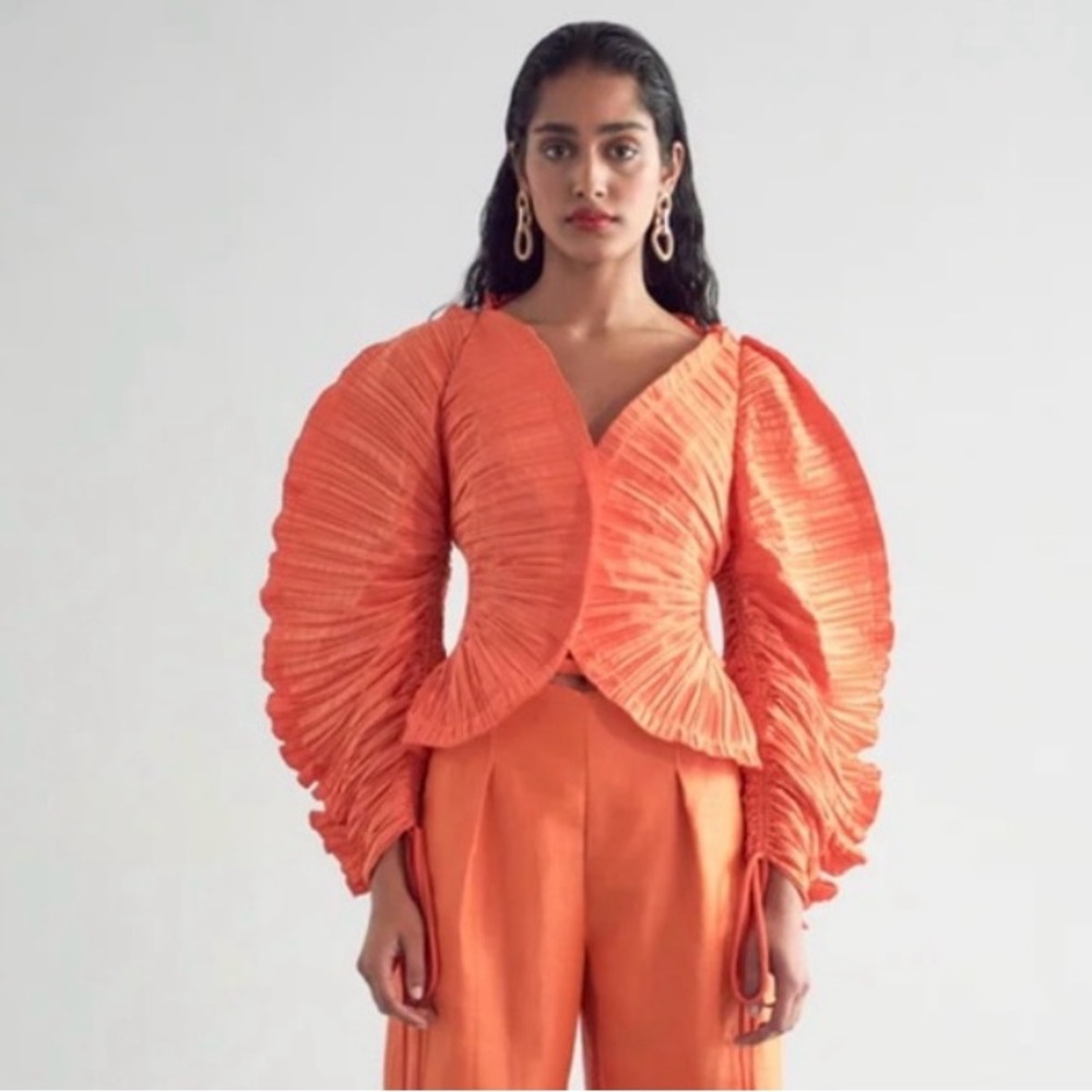 cult gaia Orange Pleated Long-Sleeve Cutout Top - Picture 6 of 7